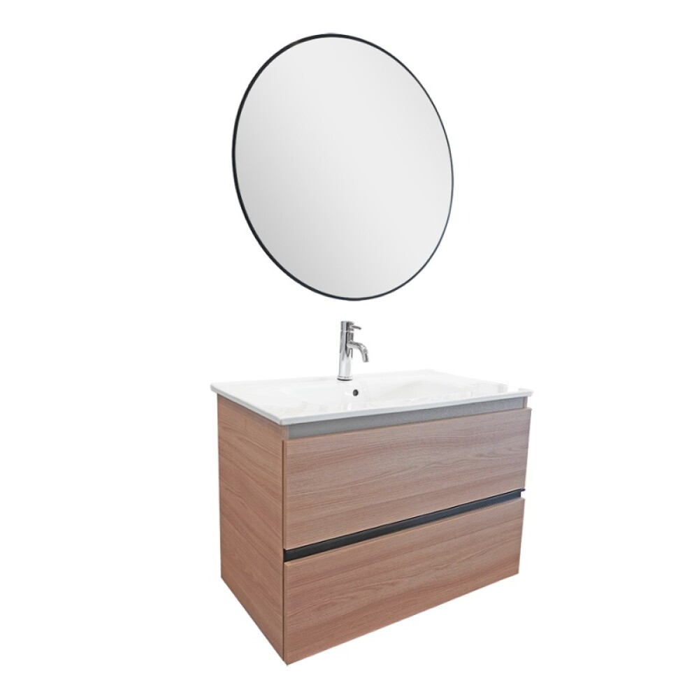 CONJUNTO MUEBLE DE BAÑO SUSPENDIDO MODELO VIDA 80 CM COLOR NOGAL ARENADO / CON MESADA Y ESPEJO Conjunto Mueble De Baño Suspendido Modelo Vida 80 Cm Color Nogal Arenado / Con Mesada Y Espejo