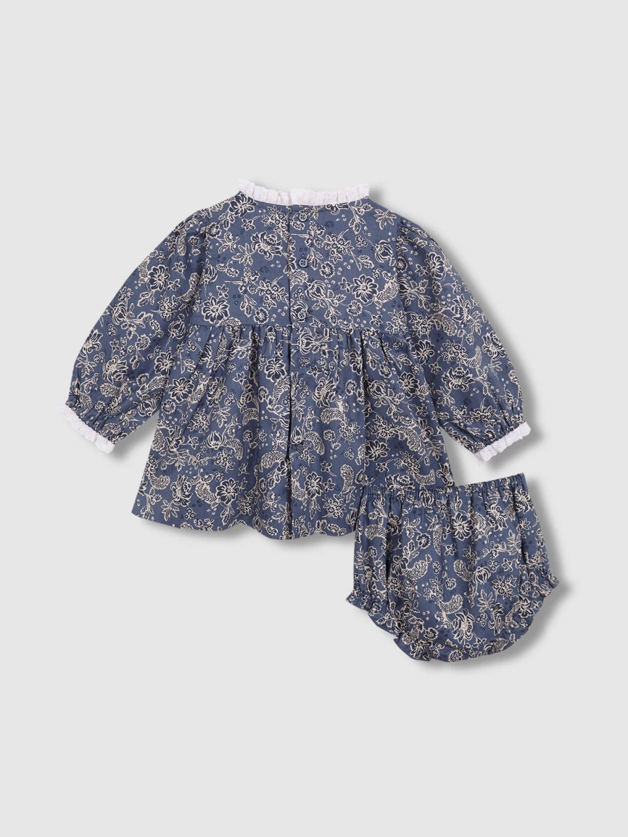 Vestido De Flores Con Smock Gris Azulado
