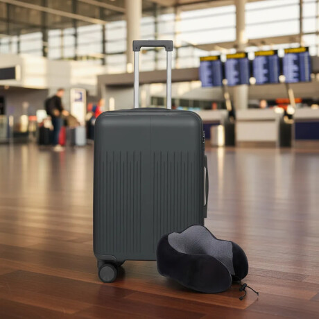 Set Valija Mediana Rigida + Almohadón Cervical Memoria Negro Gris Oscuro