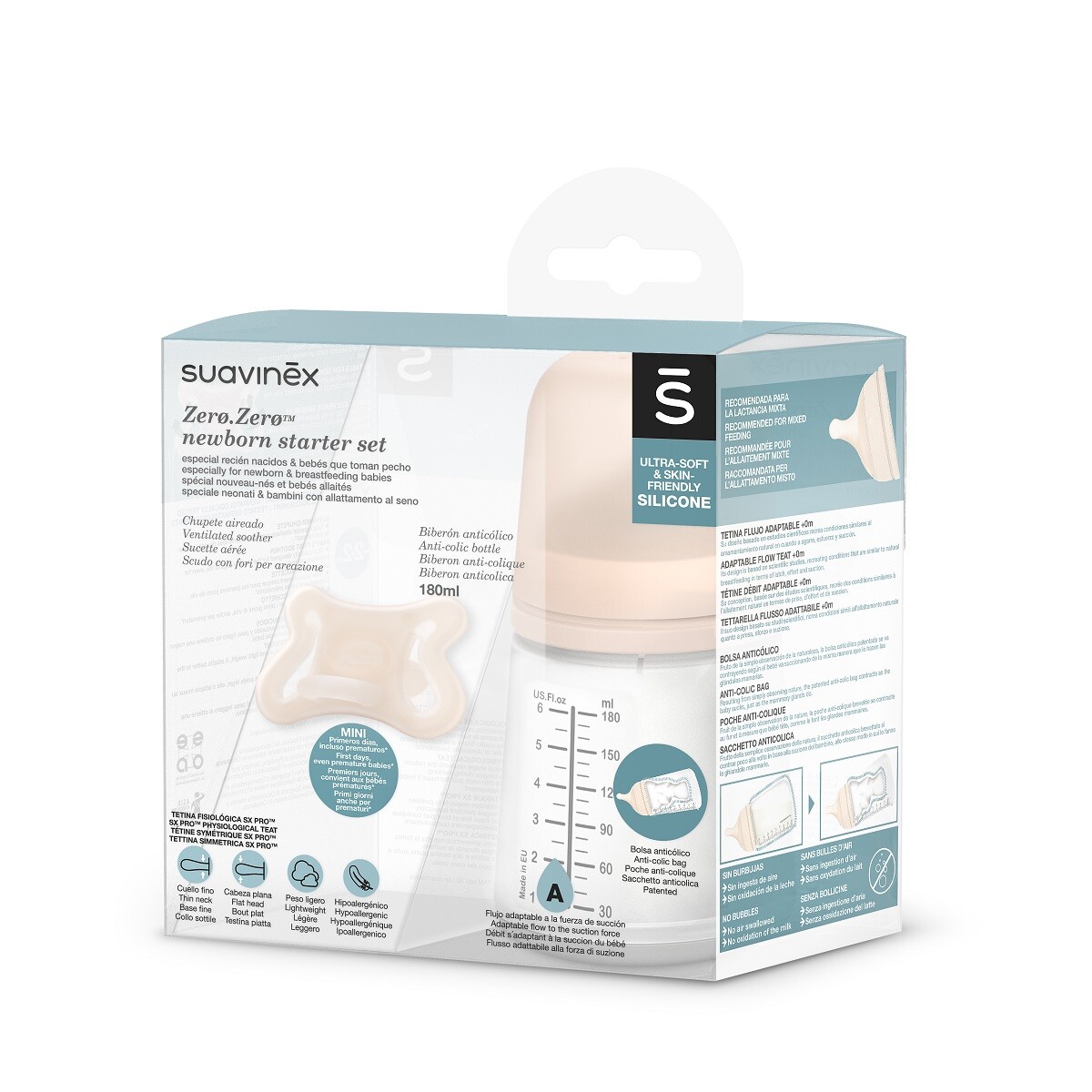 Set Suavinex Zero Mamadera 180ml+chupete -2+2m 