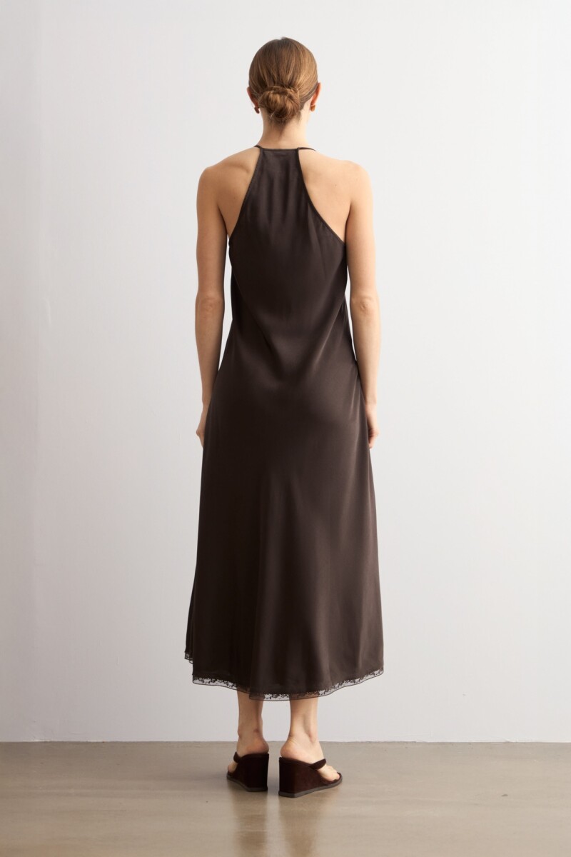 Vestido satén con encaje chocolate