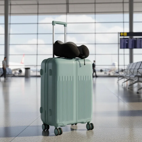 Set Valija Mediana Rigida + Almohadón Cervical Memoria Negro Celeste