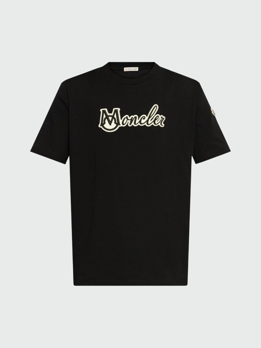 Moncler - Camiseta de Algodón con Logotipo Universitario Bordado - Negro 