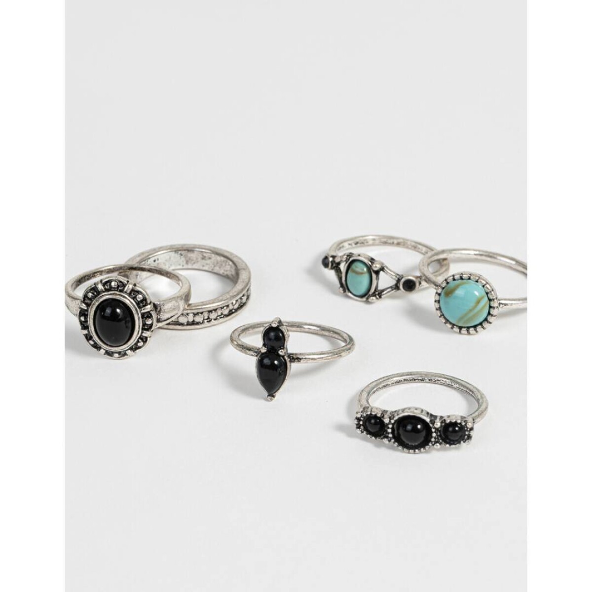 Set De Anillos Con Piedras - Plateado Antique Silver 