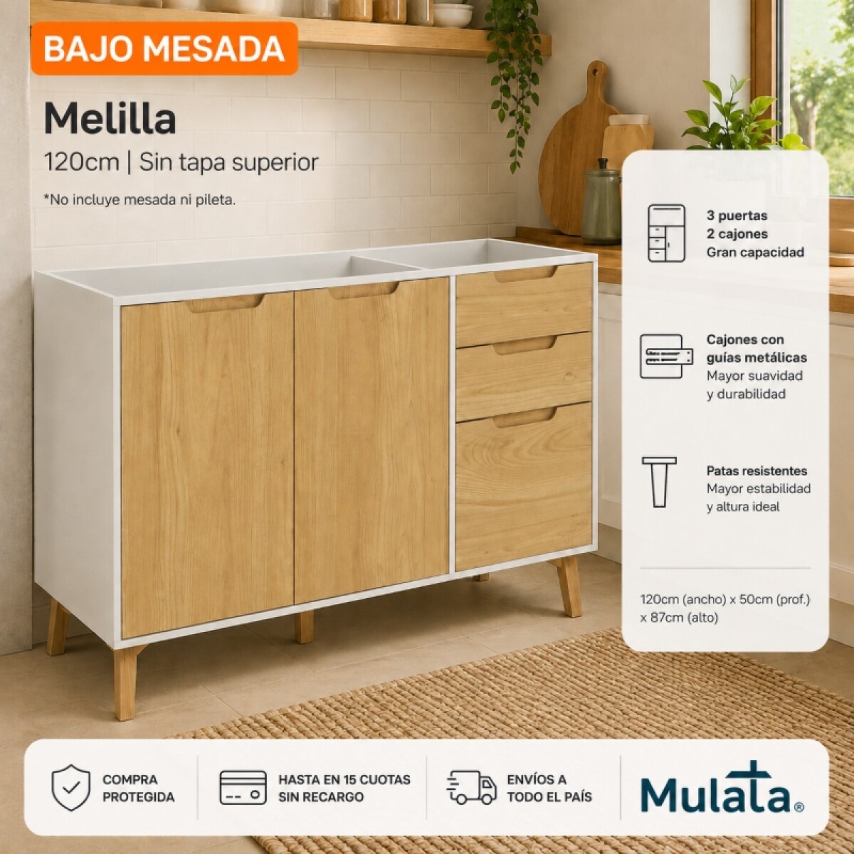 Bajo Mesada de Cocina en MDP - Madera - Línea Melilla - Blanco 