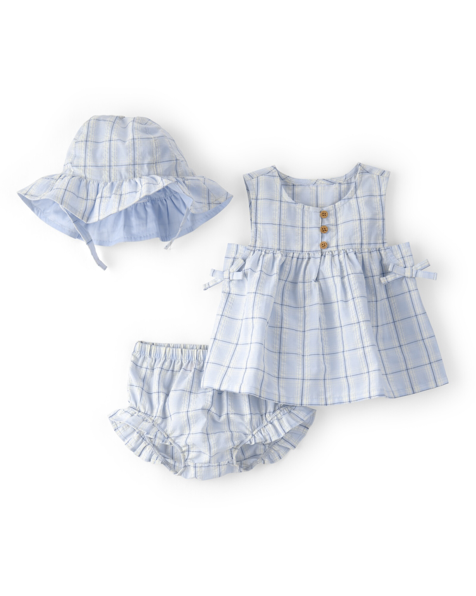 Set tres piezas de algodón, short, musculosa y gorro, azul, diseño a cuadros Sin color