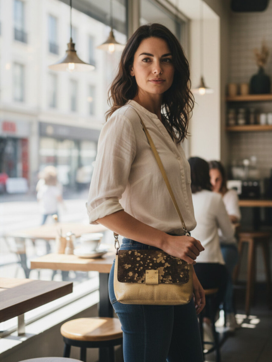 Morral con solapa combinado chico - Dorado 