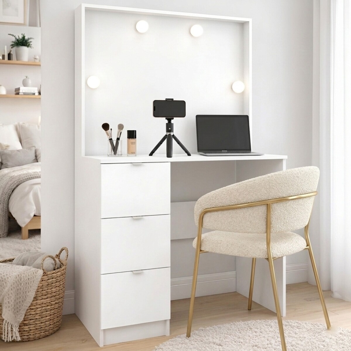 Tocador de Maquillaje Vanity Para Personalizar 3 Cajones y Porta Lámparas (Sin Espejo) - Blanco 