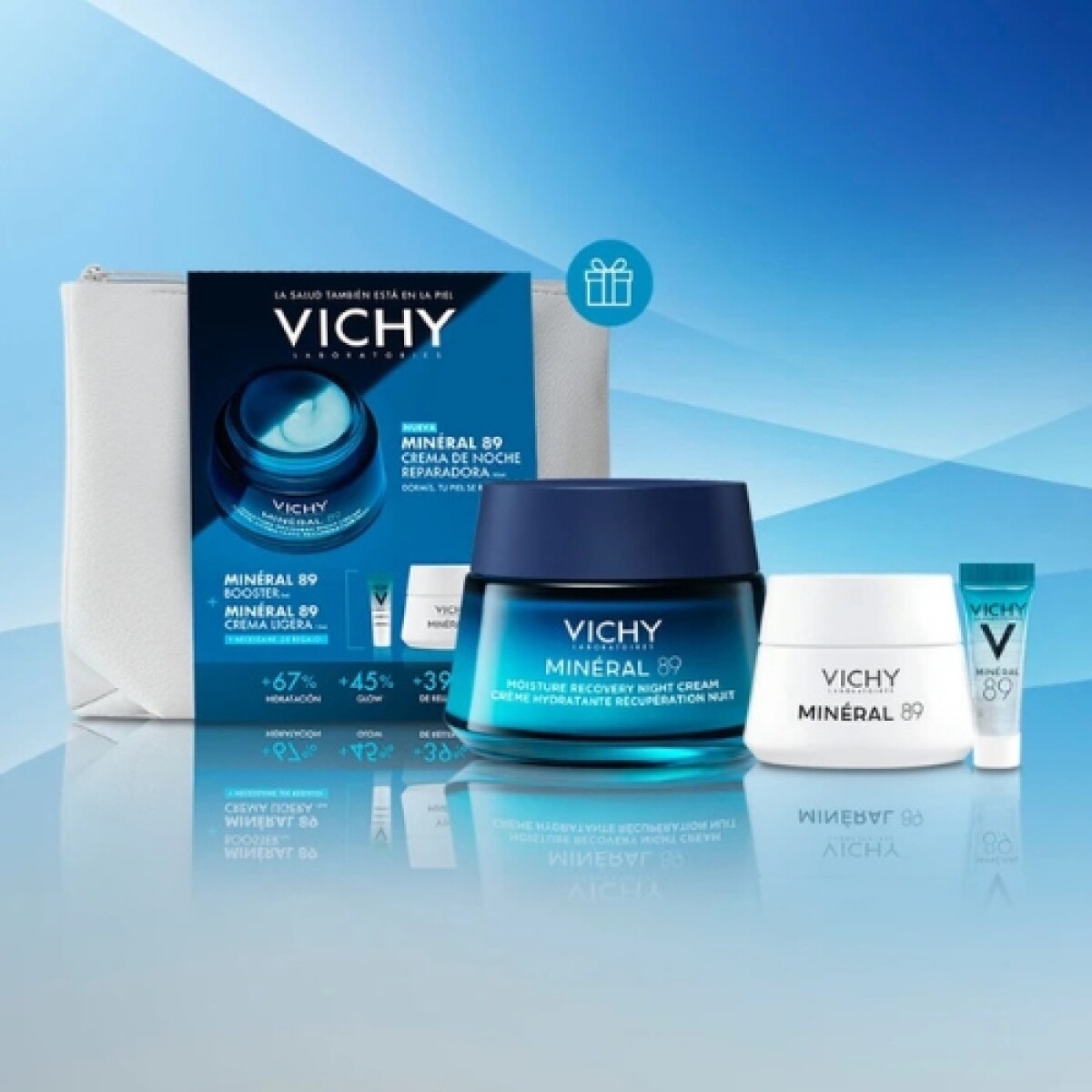 VICHY MINERAL 89 PACK NOCHE - booster 5 ml, crema ligera 15 ml, y crema reparadora de noche 50 ml, necessaire de regalo 
