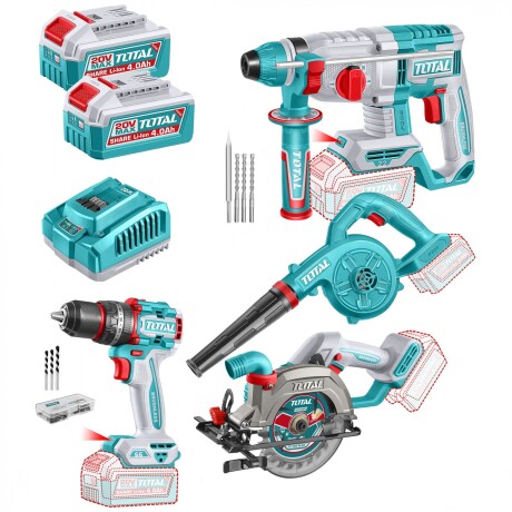 Kit Línea 20v: Percutor 66Nm + Rotomartillo SDS Plus + Circular 5.1/2" + Soplador, 2 Baterías 4.0Ah Kit Línea 20v: Percutor 66Nm + Rotomartillo SDS Plus + Circular 5.1/2" + Soplador, 2 Baterías 4.0Ah