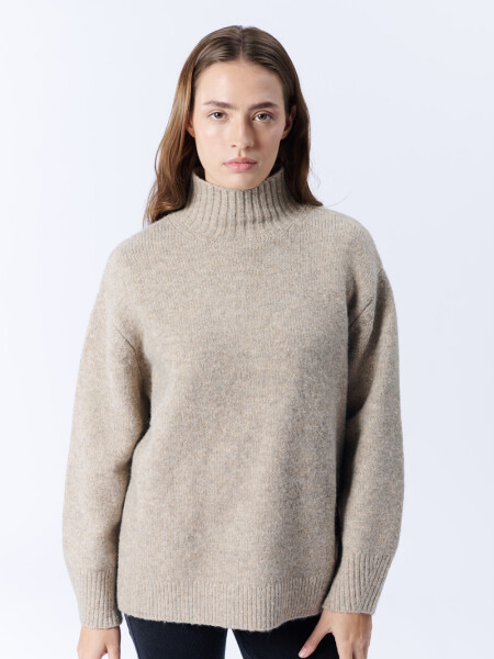 Polera de punto cuello tortuga Beige Melange