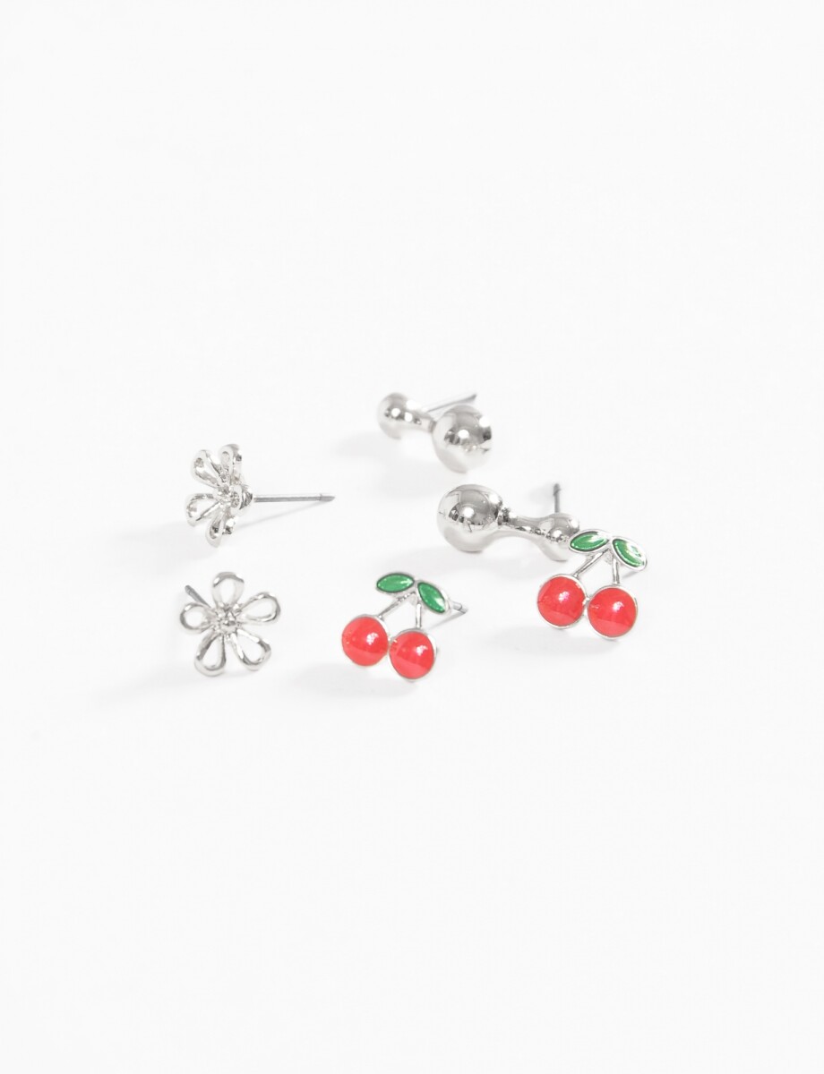 Set de caravanas cherry flor - plateado 