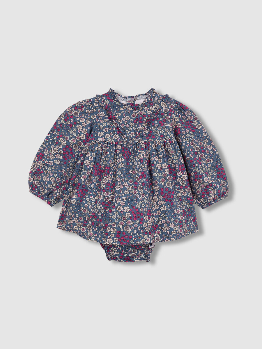 Vestido Flores Con Volante Azul Viejo