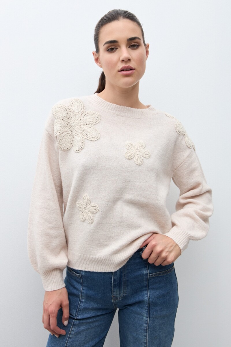 Sweater con apliques florales beige melange