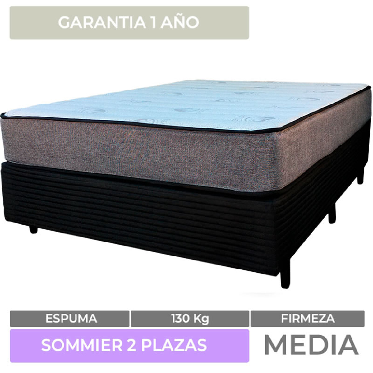 Sommier 2 Plazas Box y Colchón Mulata Densidad Reversible 100% Espuma 138 x 188 x 66 cm - 130 Kg 