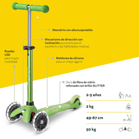 Monopatín Micro Mini Deluxe LED Ajustable con 3 Ruedas VERDE