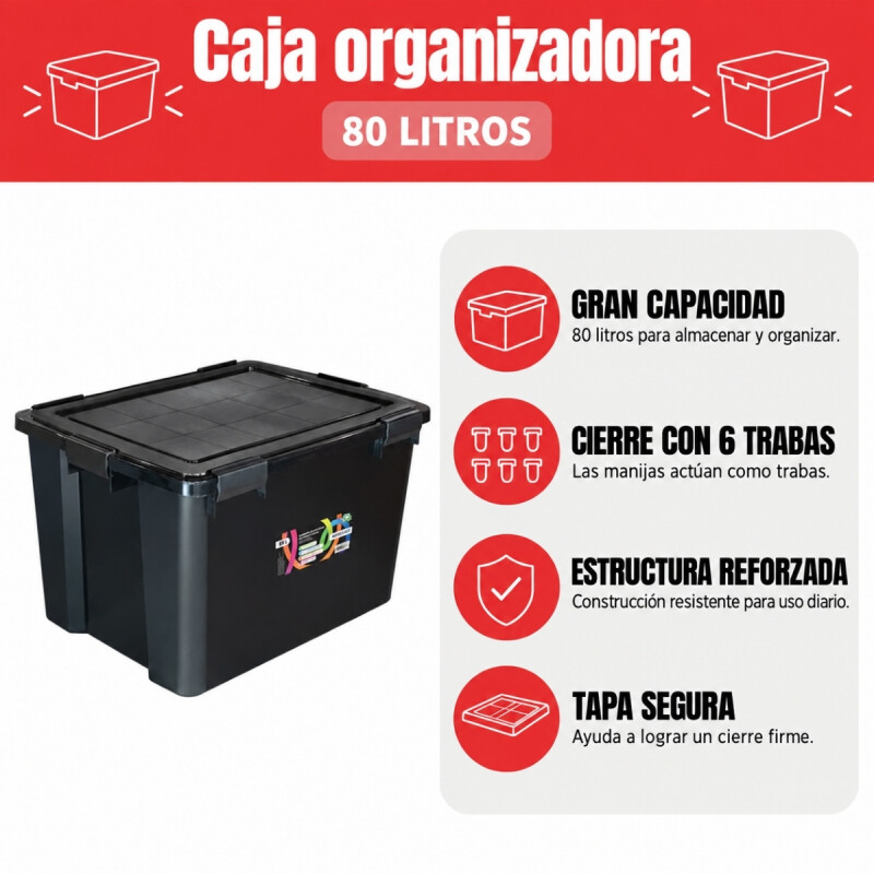 Set x2 Cajas organizadoras 80lts con 6 trabas NEGRO