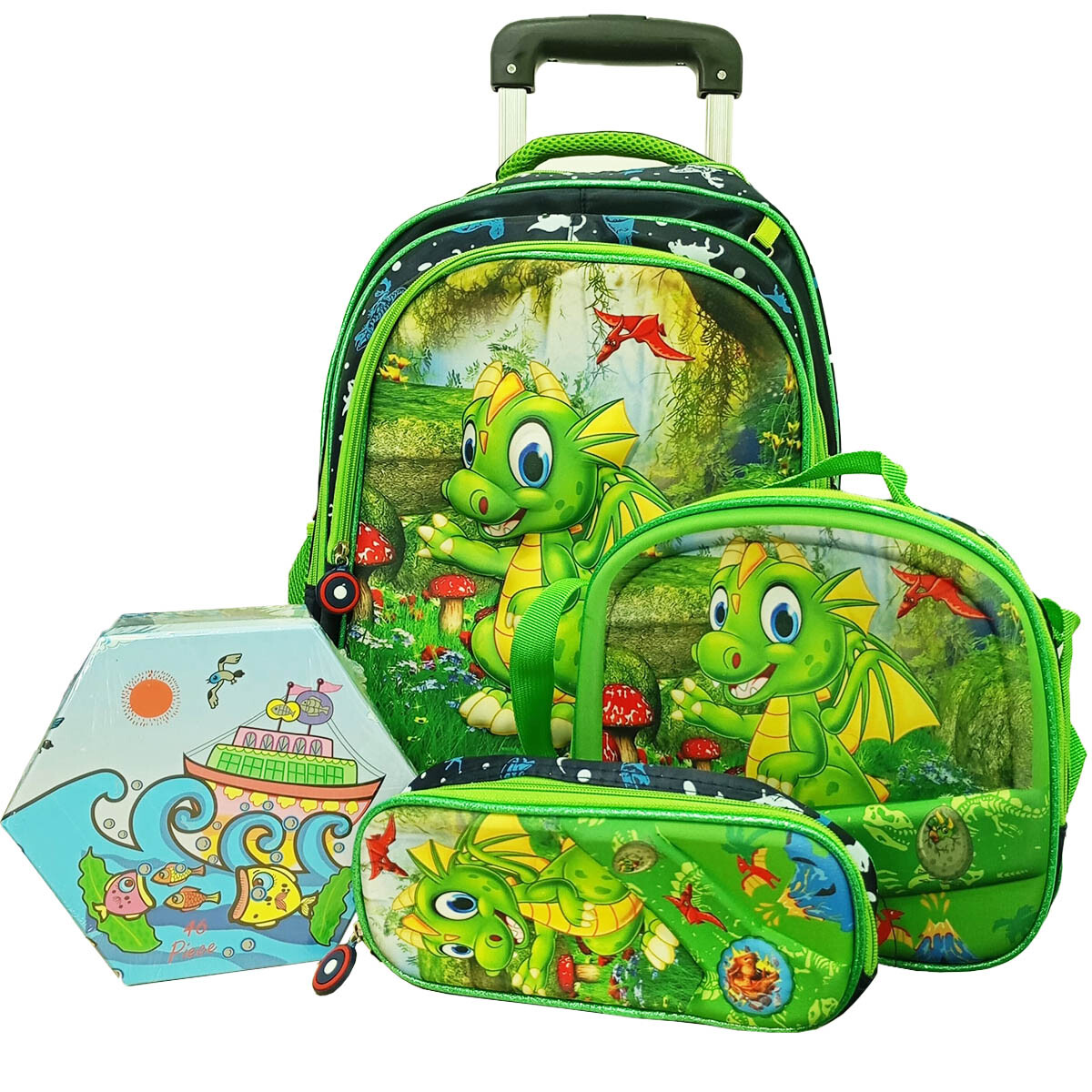 Set X3 Mochila C/Carro + Bolso + Cartuchera P Niño + Set Escolar - Verde-Dragon 