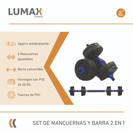 Set 2 Mancuernas Lumax + Barra 2 en 1 + 30kg Discos Pesas Azul