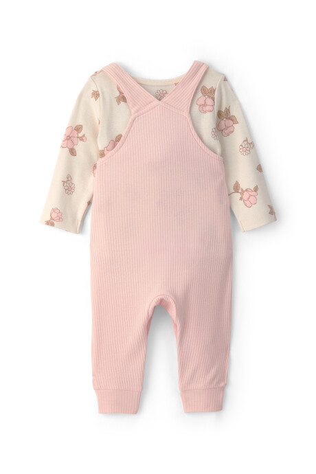 Set dos piezas de algodón, enterito y remera, rosado y crema, diseño floral Sin color