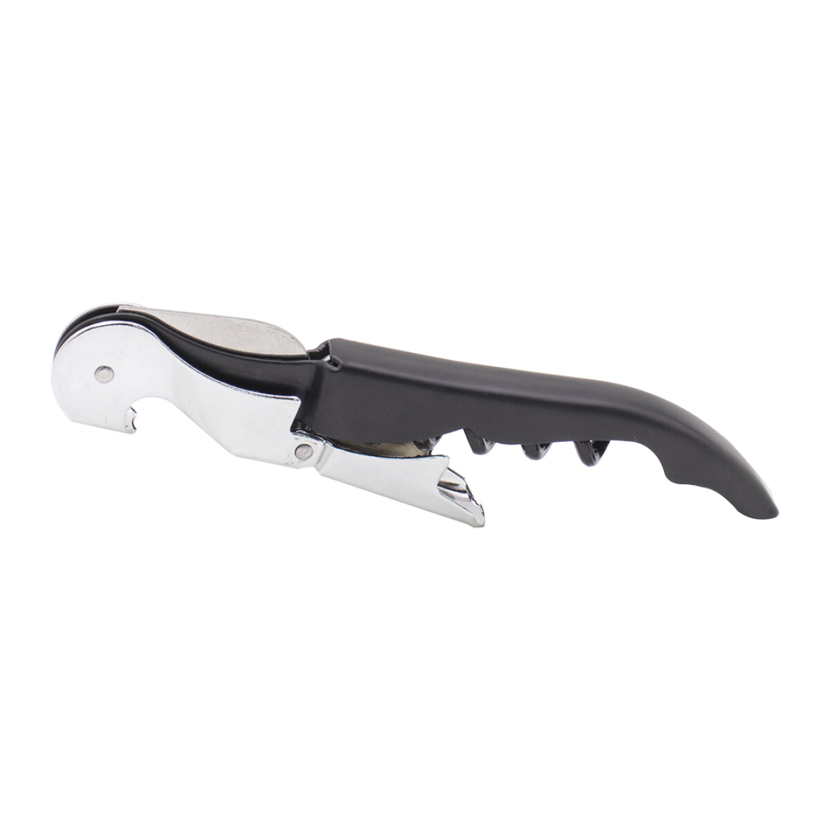 DESTAPADOR CON SACA CORCHO DE ACERO - NEGRO-GRIS 