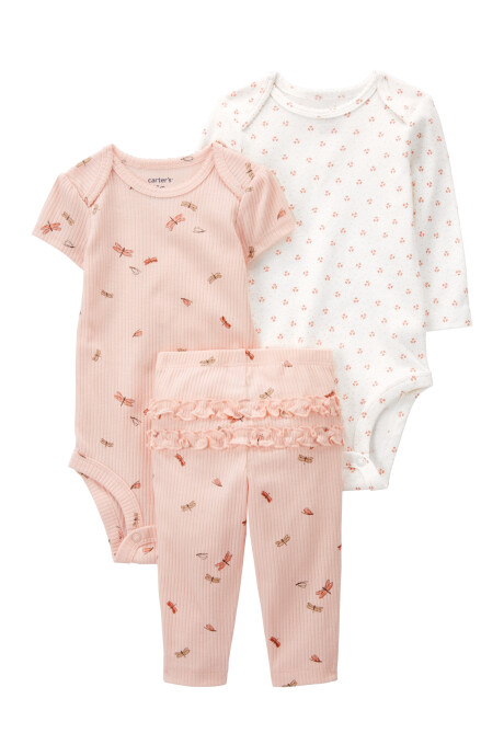 Set tres piezas de algodón, pantalón y bodies, diseño libélula Set tres piezas de algodón, pantalón y bodies, diseño libélula