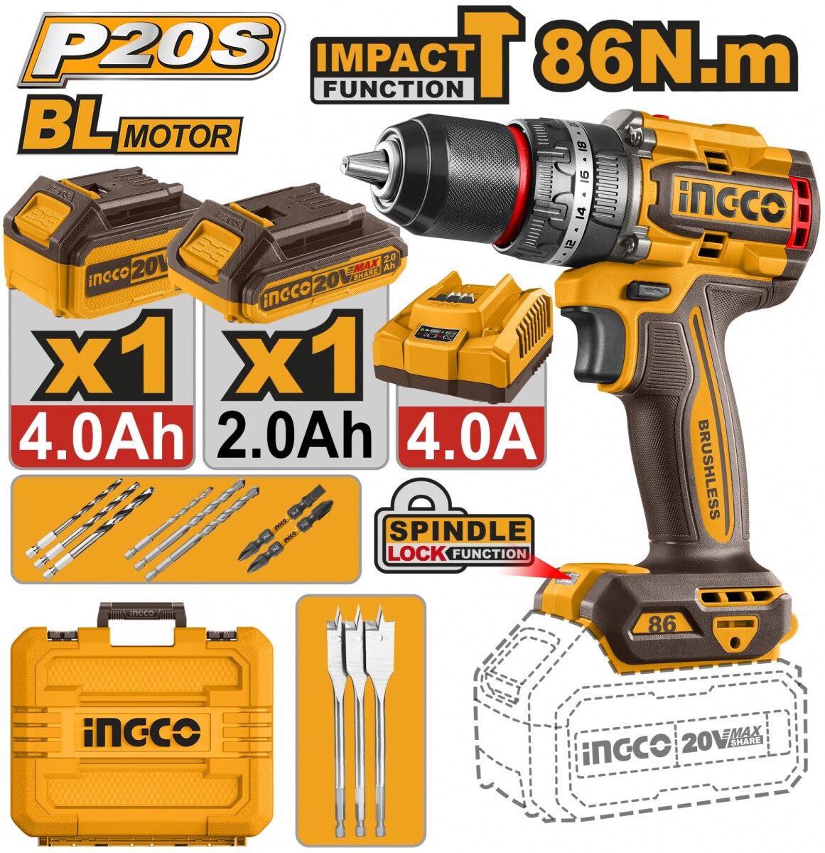 TALADRO ATORNILLADOR PERCUTOR 20V 86NM CIDLI20868 AMARILLO 50 60HZ 