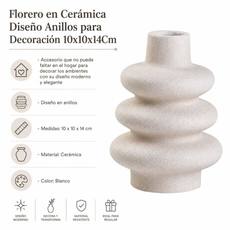 Florero en Cerámica Diseño Anillos p/ Decoración 10x10x14Cm Blanco