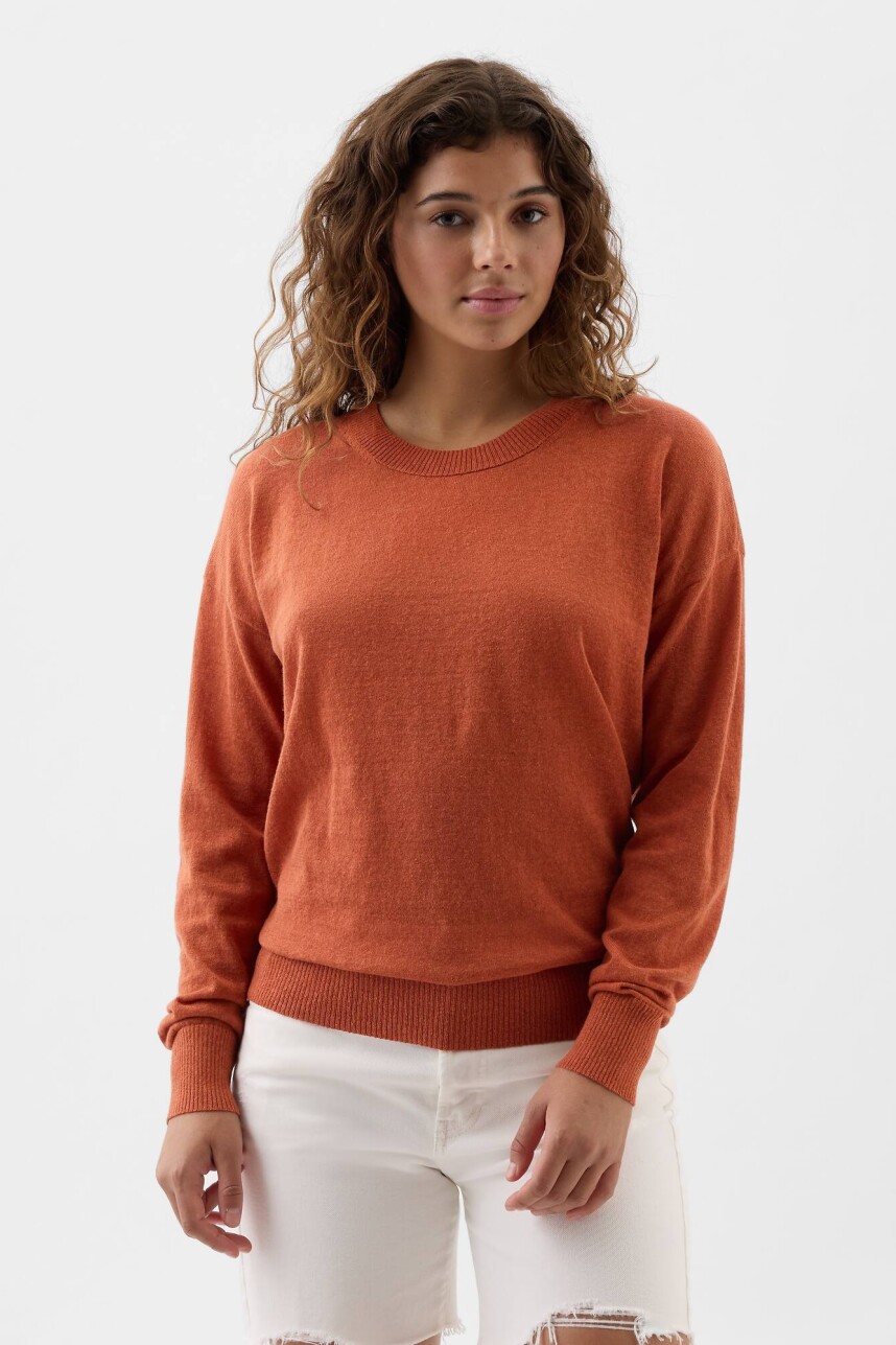 Buzo De Lino Cuello Redondo Mujer Baked Clay 18-1441 Tcx