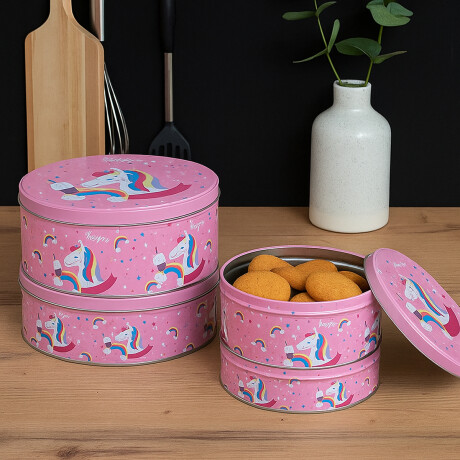 Set x3 latas redondas Unicornio fondo rosado Sc