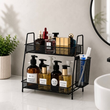 Estante Organizador Multiuso de 2 Niveles con Canasto Lateral - NEGRO Estante Organizador Multiuso de 2 Niveles con Canasto Lateral - NEGRO