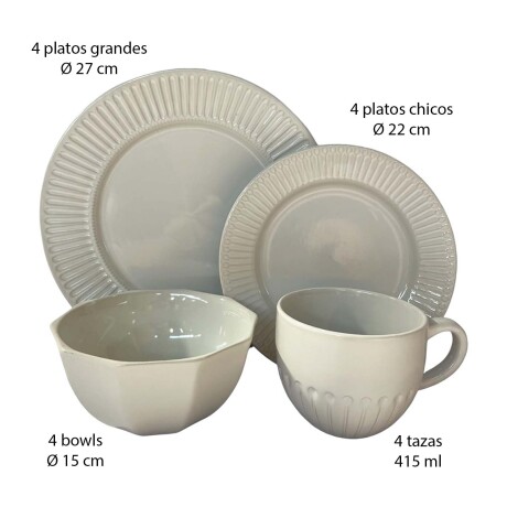 Juego Vajilla Cerámica Texturizada 16P Plato Bowl Taza 415ml Blanco