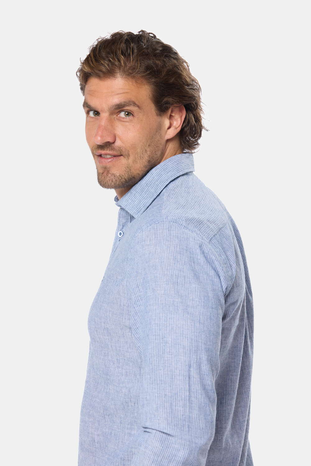 CAMISA DE LINO RAYADA Azul