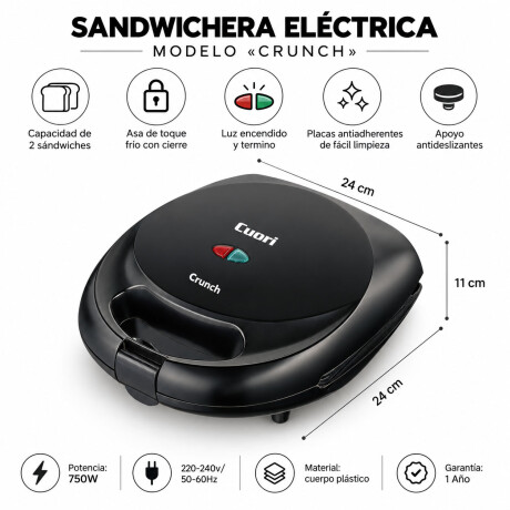 Sandwichera Eléctrica Antiadherente 2Panes 750W Cuori Crunch Negro