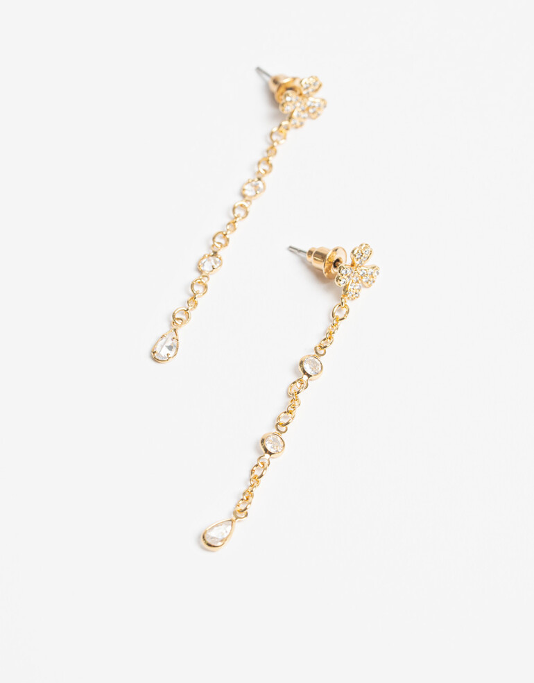 Aros Colgantes Largos Cubic zirconia Aros Largos Trébol Bañado En Oro - Dorado