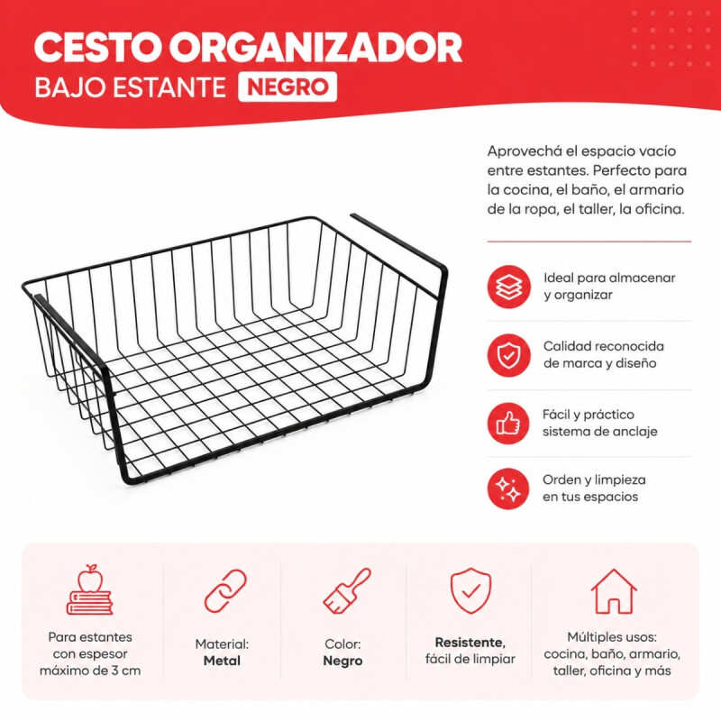 Cesto organizador bajo estante 40x26x14 NEGRO