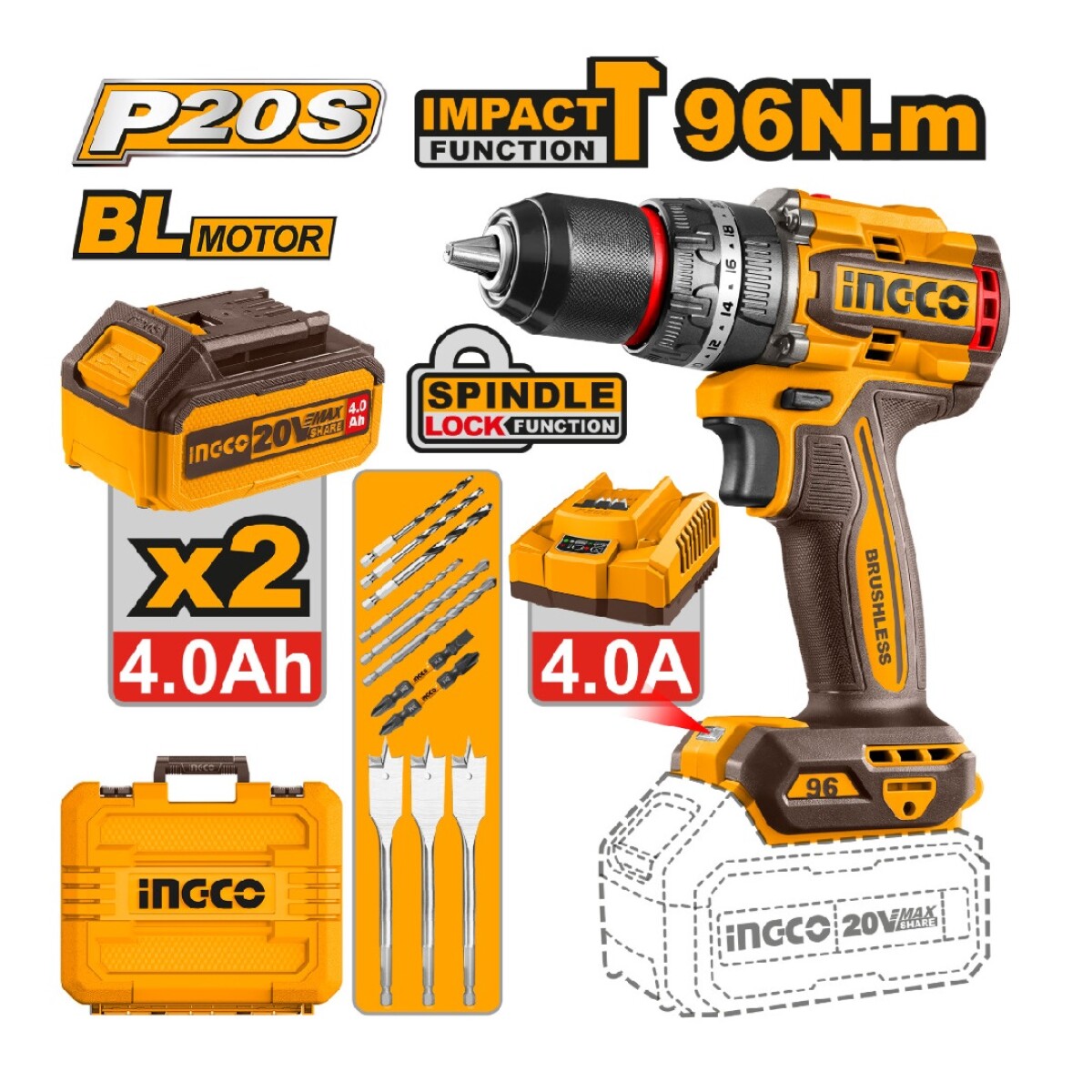 TALADRO ATORNILLADOR PERCUTOR A BATERÍA INGCO 20V P20S 