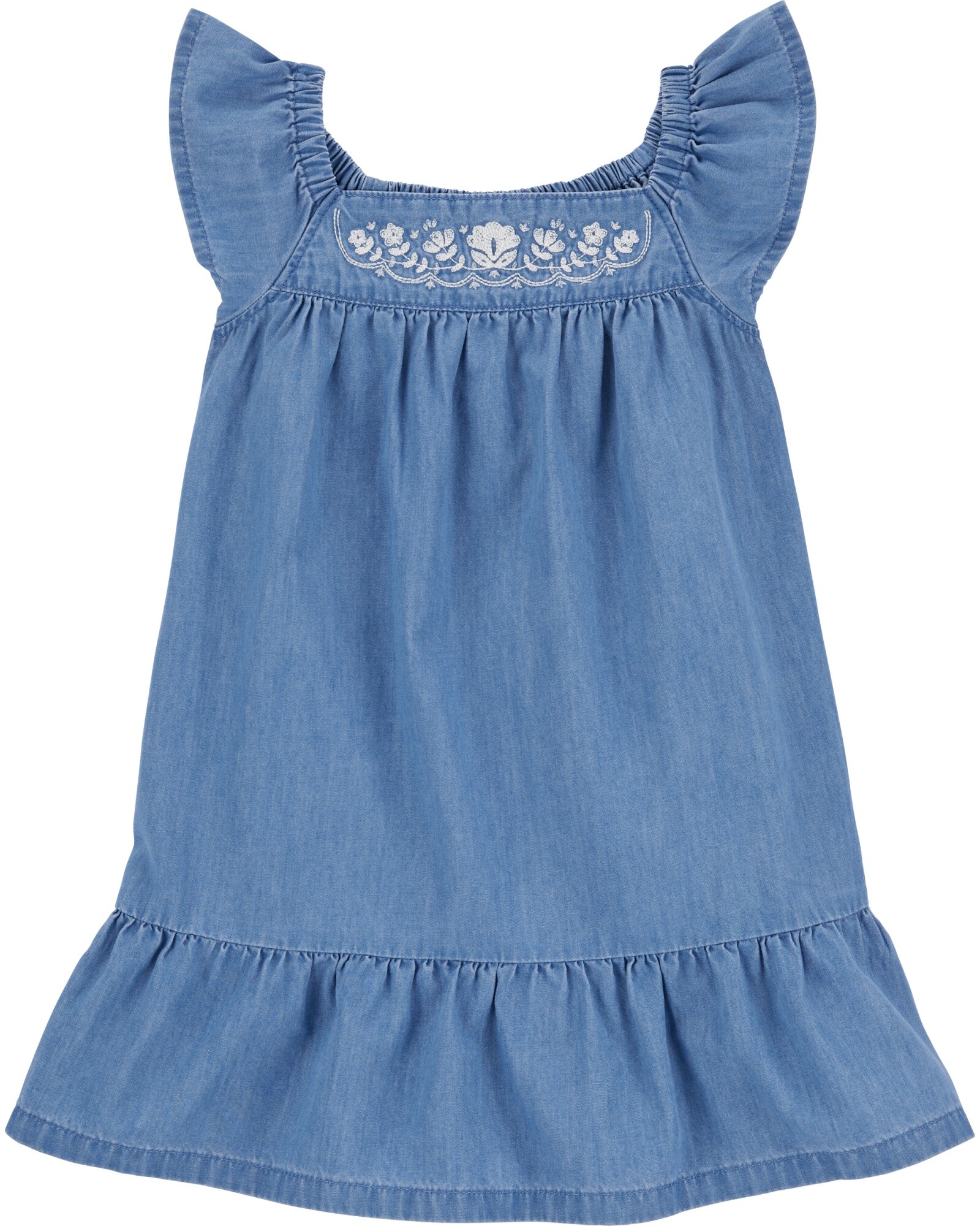 Vestido de chambray, con bordado floral. Talles 2-5T Sin color