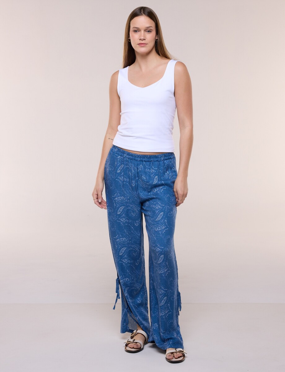 Pantalon Con Abertura Lateral Anudada - Azul 