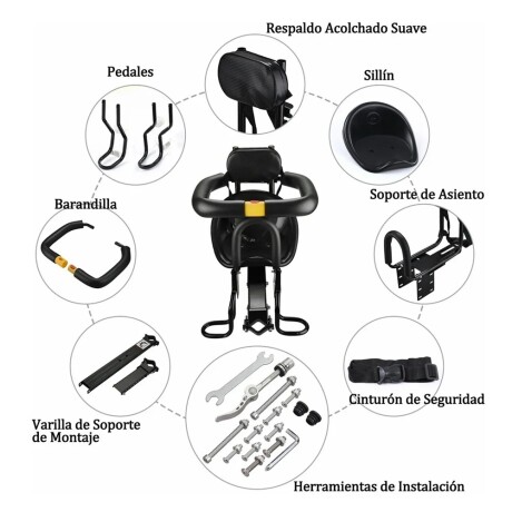 Silla Frontal Bicicleta Bebés Niños Barra Seguridad Posapiés Negro