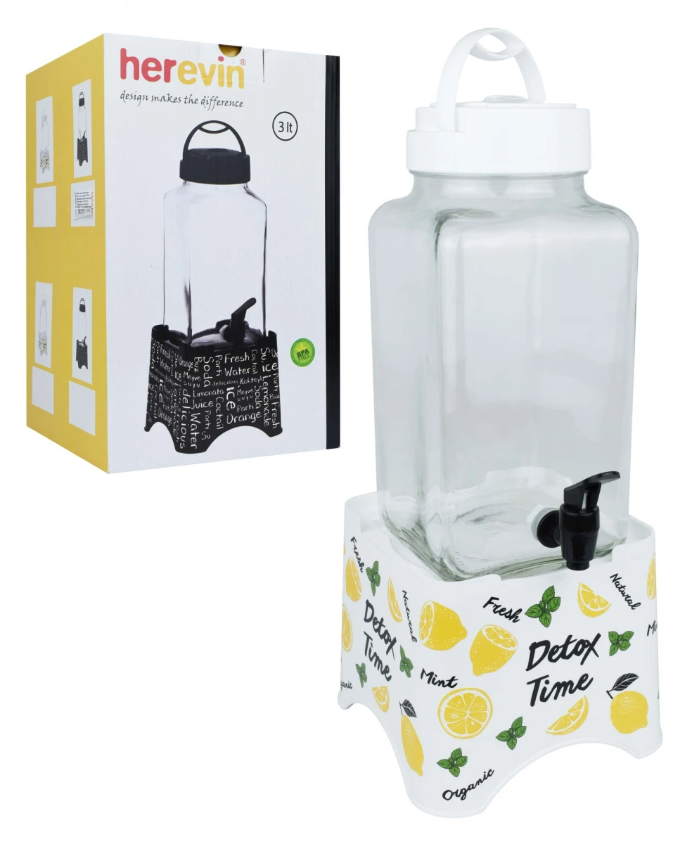 DISPENSADOR VIDRIO HEREVIN 3LTS DETOX TIME C/CANILLA Y STAND 137607-002 Q6 