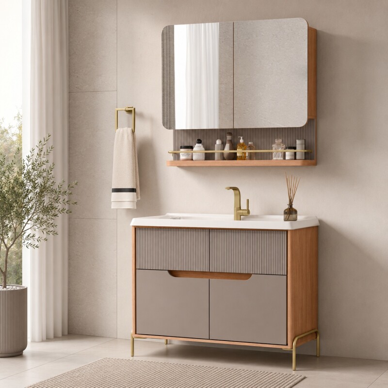 MUEBLE DE BAÑO LEBLON 80CM CON BOTIQUIN MADERA CON GRIS Mueble De Baño Leblon 80cm Con Botiquin Madera Con Gris