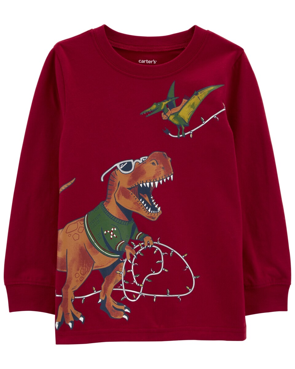 Remera de algodón manga larga estampa dinosaurio navideño 