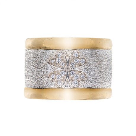 Anillo de plata 925 y double en oro 18 ktes con circonias, TRÉBOL. Anillo de plata 925 y double en oro 18 ktes con circonias, TRÉBOL.