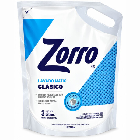 DETERGENTE LIQUIDO PARA ROPA ZORRO CLASICO DP 3 LT DETERGENTE LIQUIDO PARA ROPA ZORRO CLASICO DP 3 LT