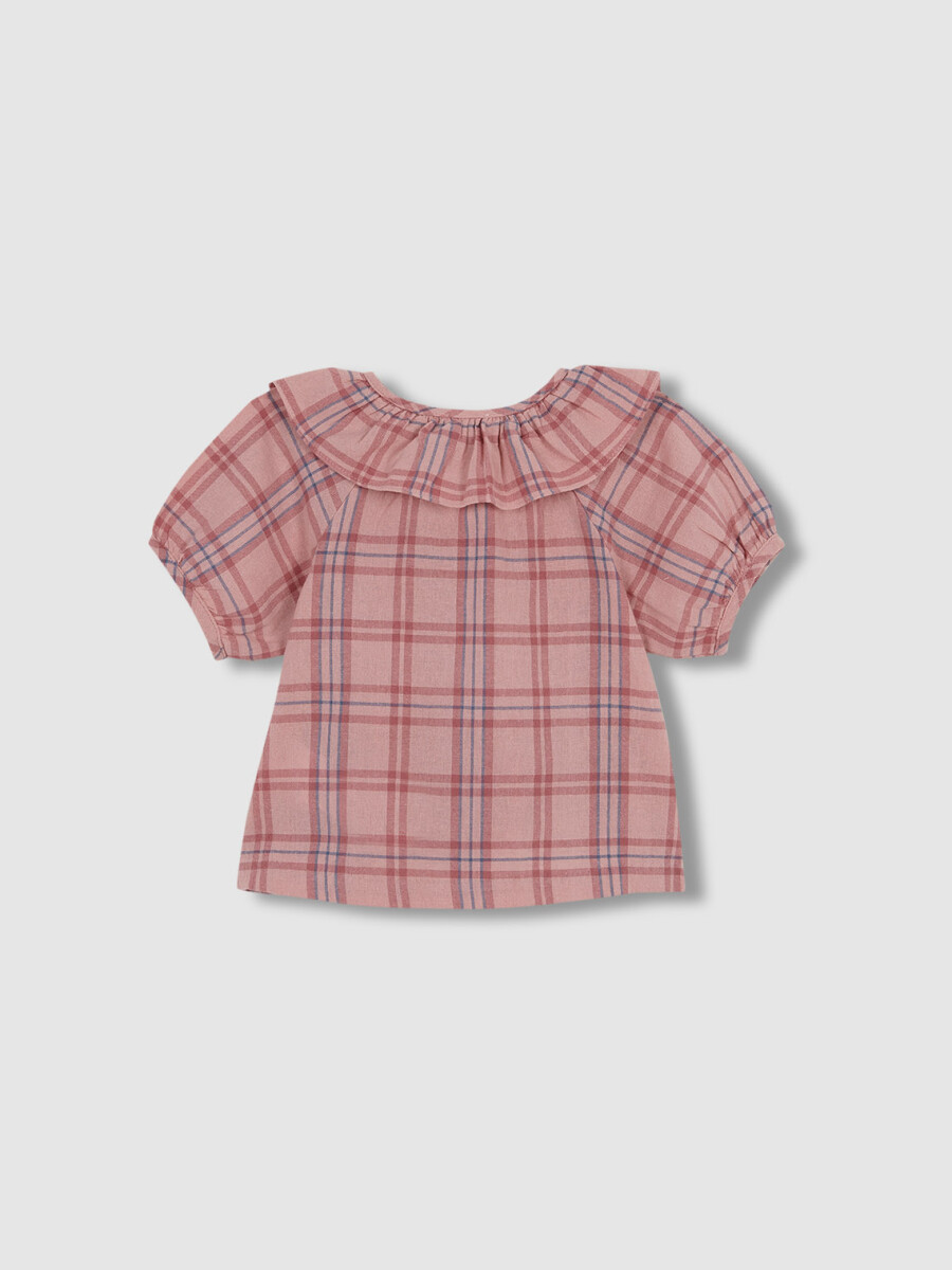 Camisa Cuadros Manga Globo Coral Oscuro