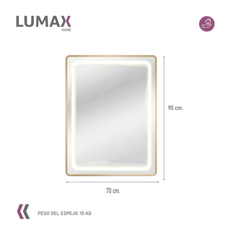 Espejo Vertical Lumax c/marco desempañador y Luz 90x70cm Dorado