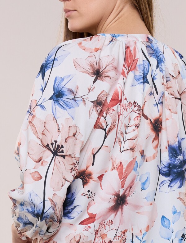 Blusa Gasa Escote V Manga 3/4 Abullonada MULTI/CRUDO