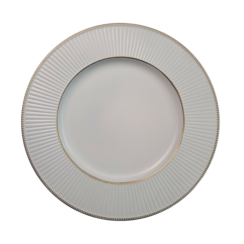 PLATO DE SITIO 33CM BLANCO C/LINEAS Y BORDE DORADO PLATO DE SITIO 33CM BLANCO C/LINEAS Y BORDE DORADO