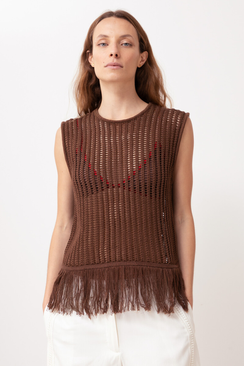 Top calado con flecos chocolate